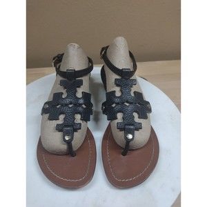 Tory Burch Phoebe Flat Thong Slingback Sandals Black Tumbled Leather Size 6.5